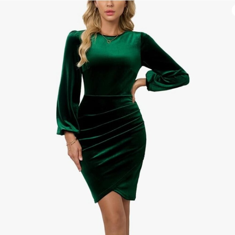 NEW Velvet Dress Wrap V Neck Long Sleeve Ruched Midi Dresses